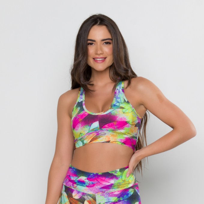 Top Cruzado Estampa Digital Folha Pink