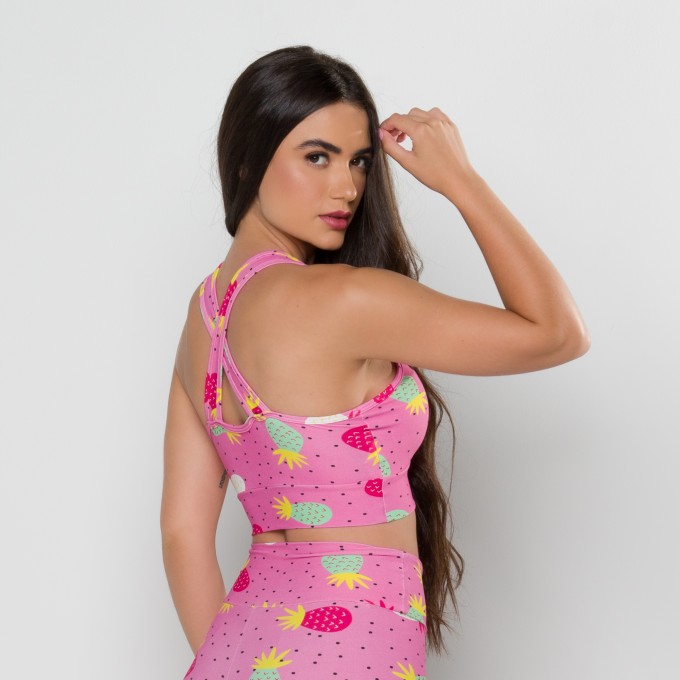 Top Cruzado Estampa Digital Abacaxi Rosa
