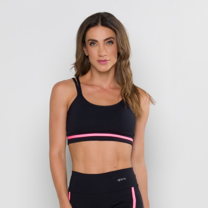 Top Alça Dupla Preto com Viés Pink Neon