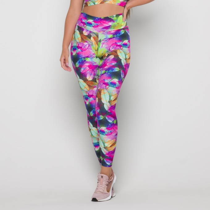 Calça Legging Básica Estampa Digital Folha Pink