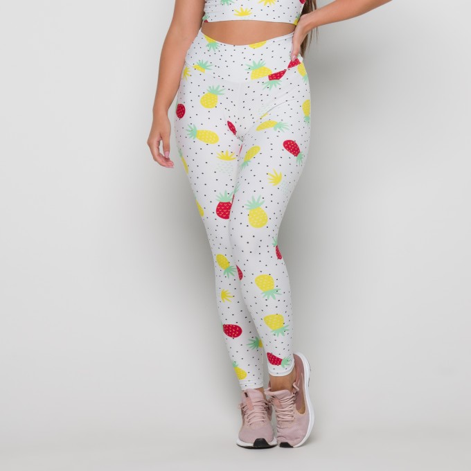 Calça Legging Básica Estampa Digital Abacaxi Branco