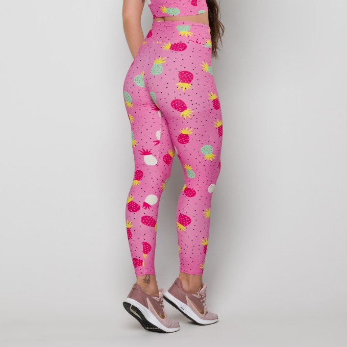Calça Legging Básica Estampa Digital Abacaxi Rosa