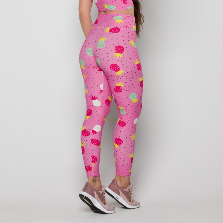 Calça Legging Básica Estampa Digital Abacaxi Rosa