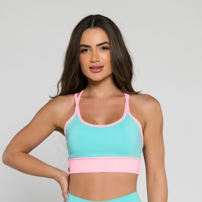 Top Duo Color Alça Dupla Verde Água com Coral