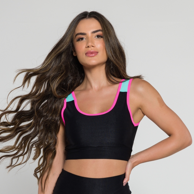 Top Decote V Mini Canelado Preto com Verde Água e Viés Pink