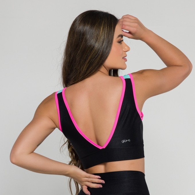 Top Decote V Mini Canelado Preto com Verde Água e Viés Pink