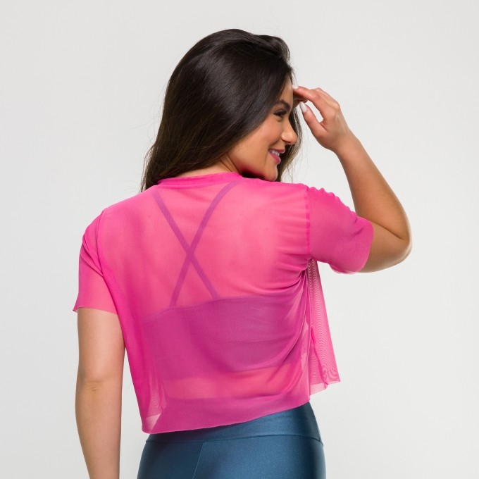 Cropped de Tule Manga Curta Rosa