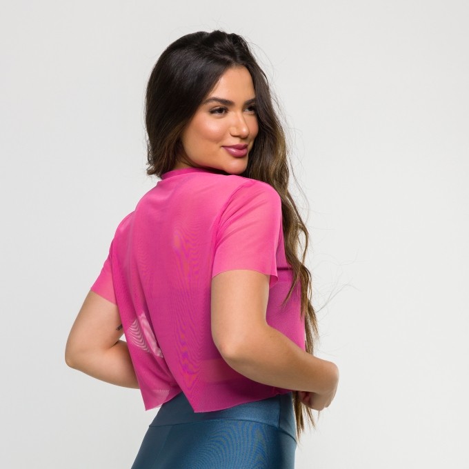 Cropped de Tule Manga Curta Rosa