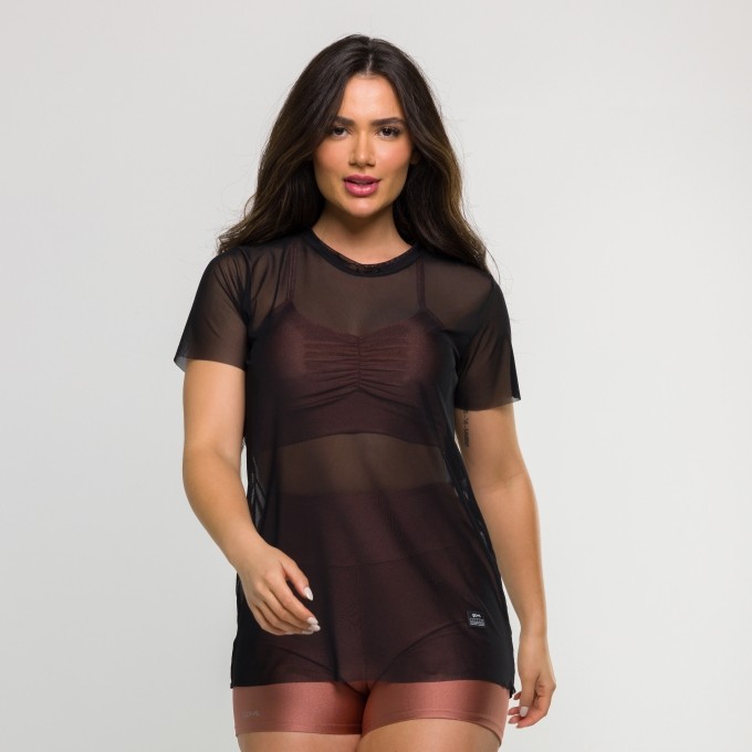 Blusa de Tule Manga Curta Preta