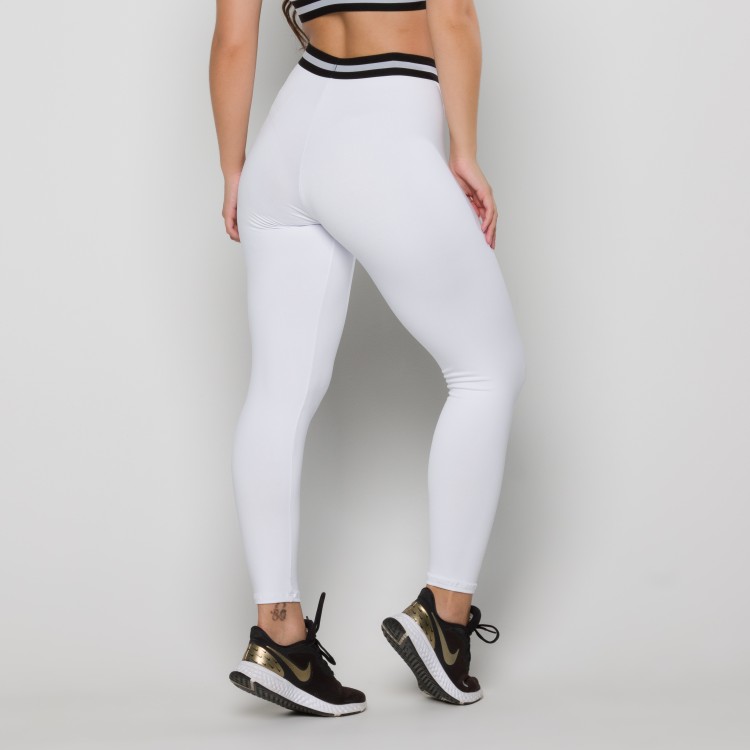 Calça Legging Branca com Elástico Preto e Branco