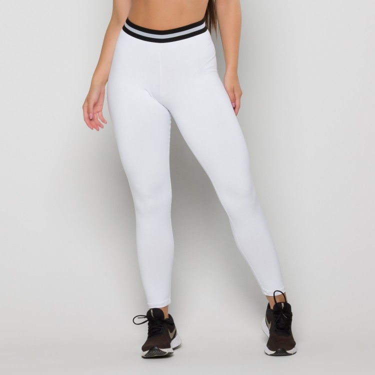 Calça Legging Branca com Elástico Preto e Branco