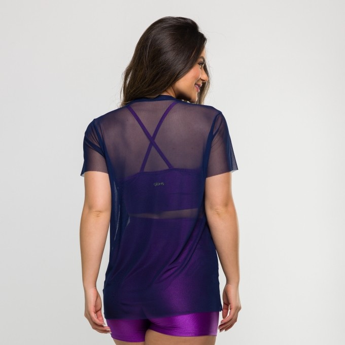 Blusa de Tule Manga Curta Azul Marinho