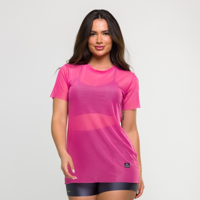 Blusa de Tule Manga Curta Rosa