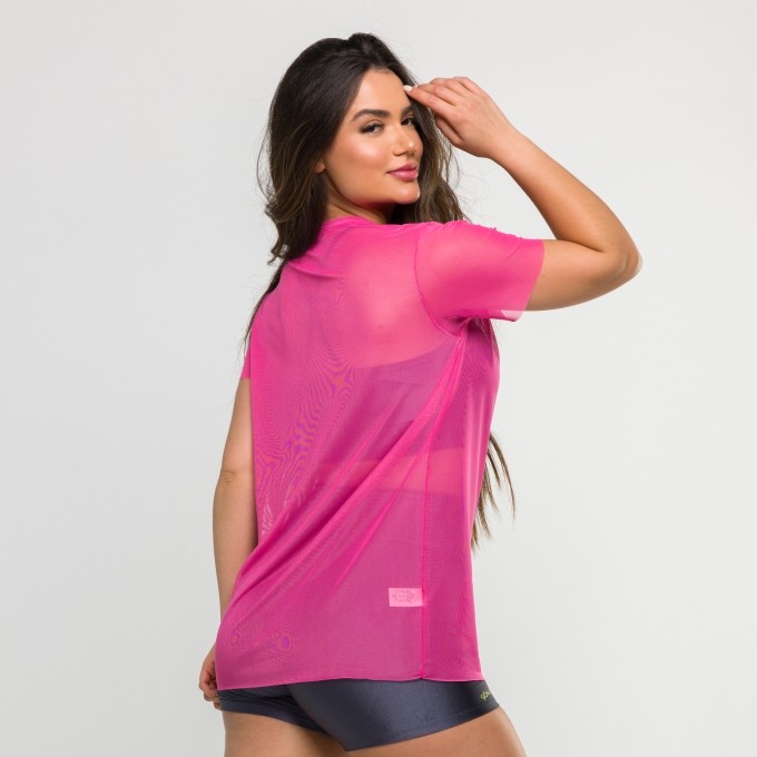 Blusa de Tule Manga Curta Rosa