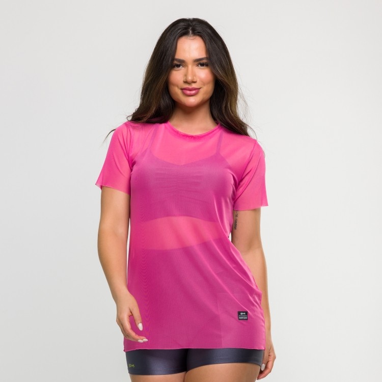 Blusa de Tule Manga Curta Rosa