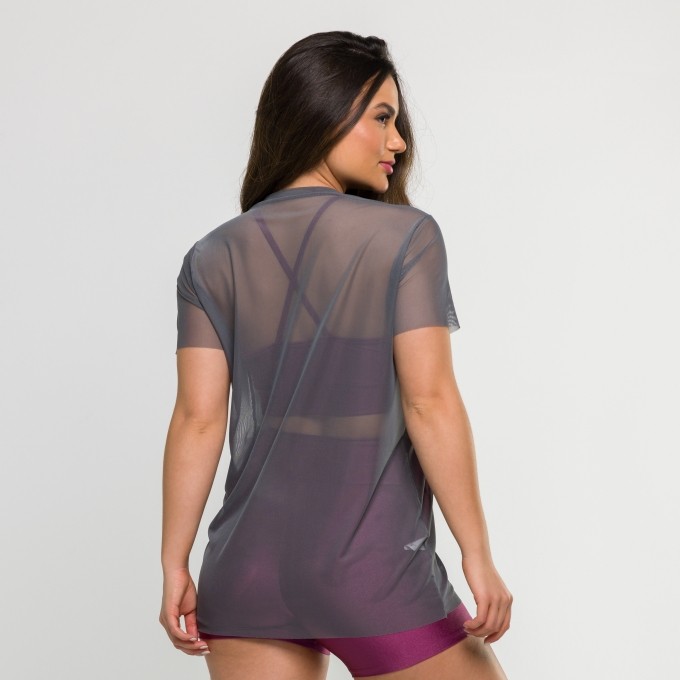 Blusa de Tule Manga Curta Cinza