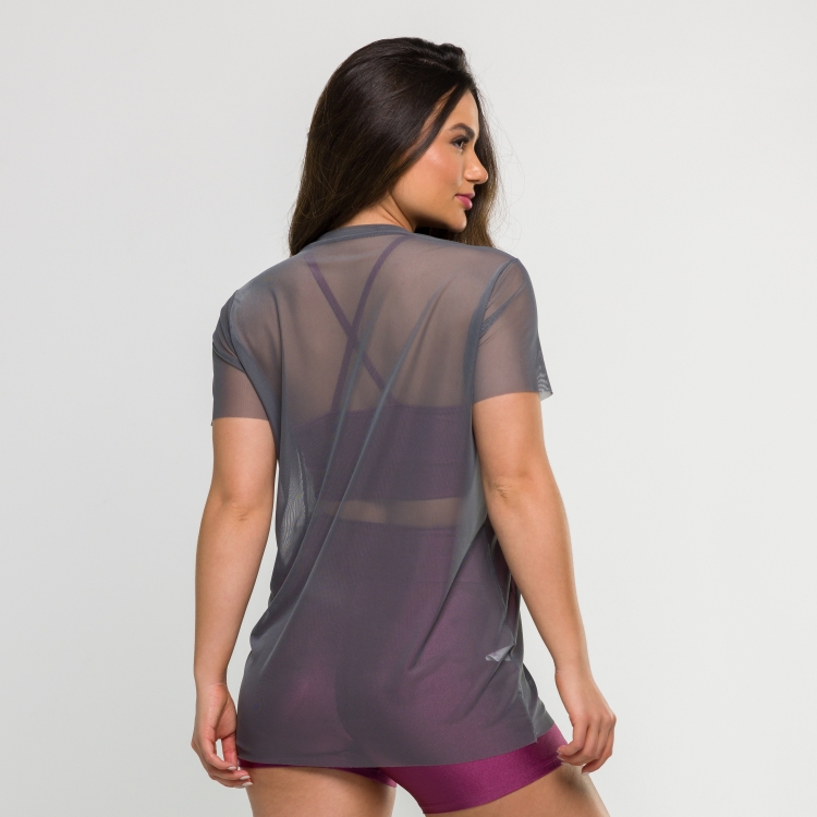 Blusa de Tule Manga Curta Cinza