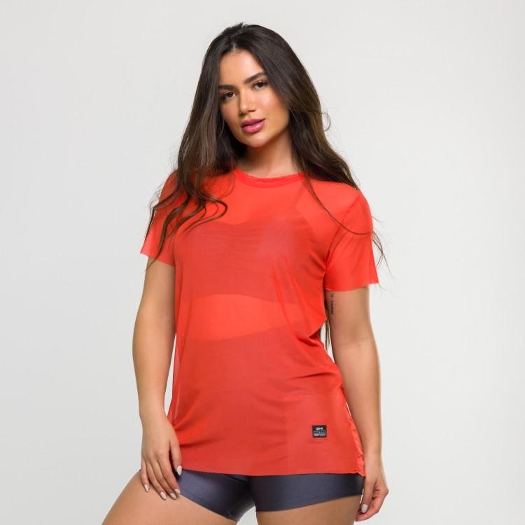 Blusa de Tule Manga Curta Laranja