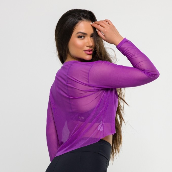 Cropped de Tule Manga Longa Roxo