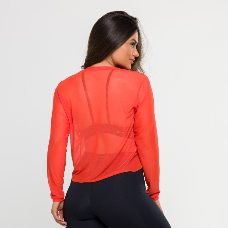 Cropped de Tule Manga Longa Laranja