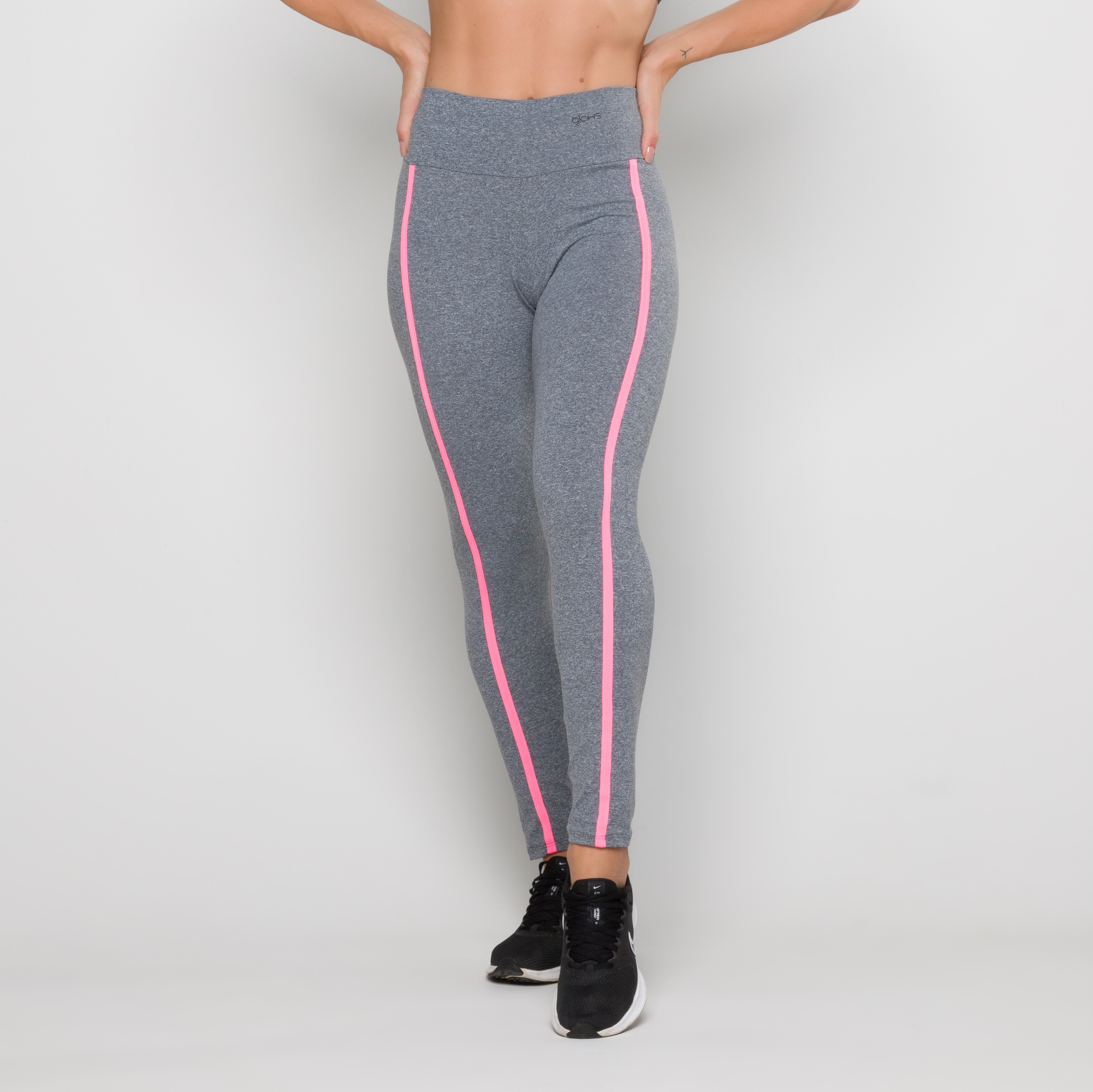 Calça Legging Cinza e Viés Pink Neon