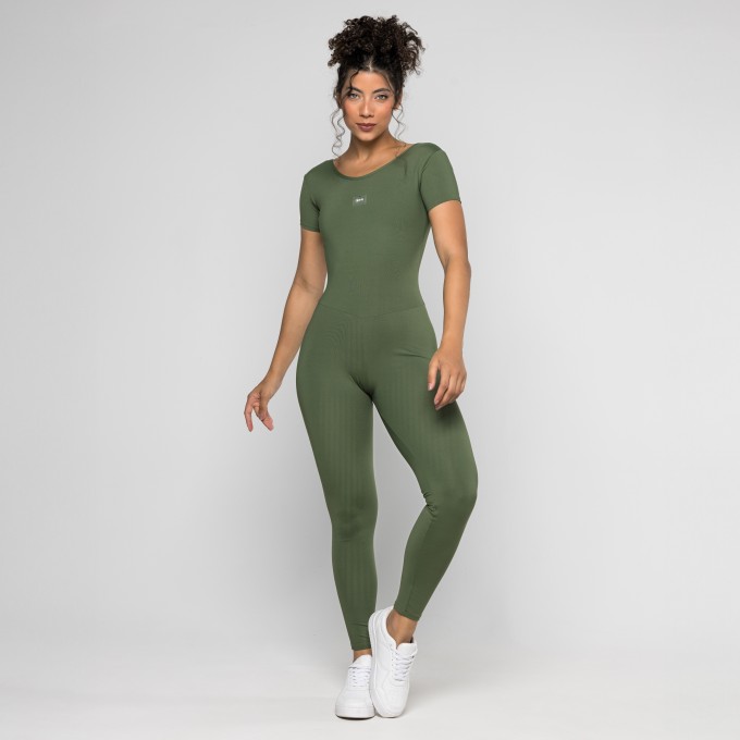 Macacão Fitness Verde Musgo com Manga