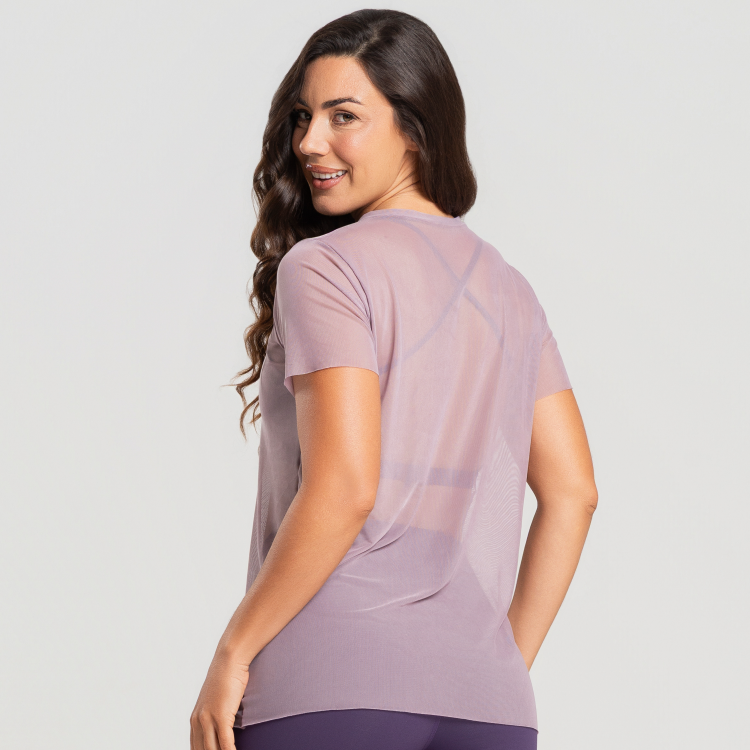 Blusa de Tule Manga Curta Nude Rosado