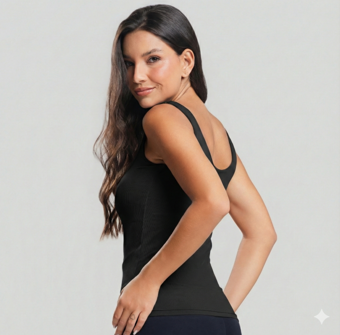 Camiseta Básica Alça Larga Preta Canelada