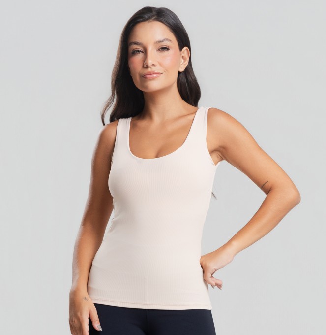 Camiseta Básica Alça Larga Creme Canelada